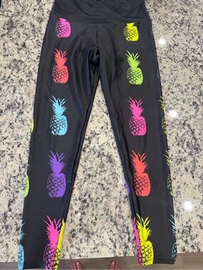 Goldsheep Black Leggings with Neon Pineapple Print